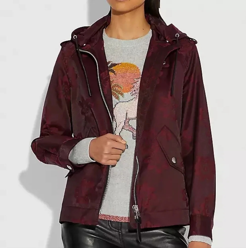 New Coach jacquard floral print leather trim parka‎ Rain jacket size small - Picture 14 of 14